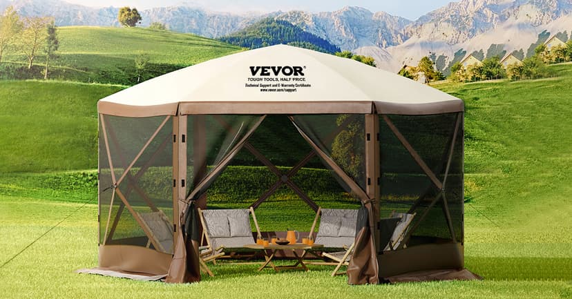 VEVOR Pop Up Gazebo Screen Tent, Pop-Up Instant Gazebo Tent with Mosquito Netting Outdoor Canopy, 6 Sided Sun Shelter 10x10ft with 6 Removable Wind Cloths & 2 Mesh Windows, Pavilion Tent for Patio