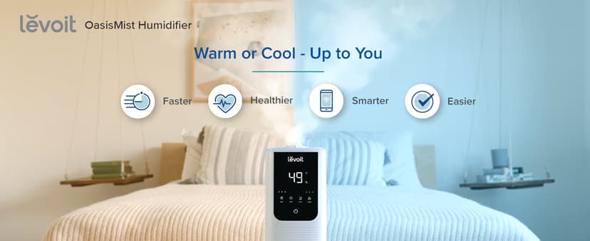 LEVOIT Humidifiers for Bedroom Home, Smart Warm and Cool Mist Air Humidifier for Large Room, Auto Customized Humidity, Fast Symptom Relief, Easy Top Fill, Essential Oil, Quiet, OasisMist4.5L, White