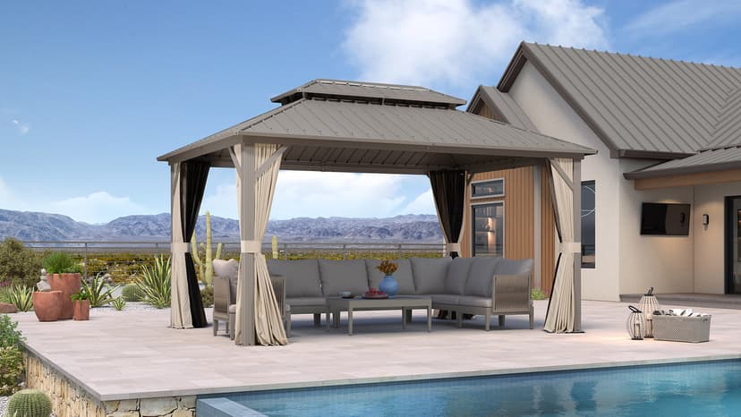 PURPLE LEAF 10' x 14' Outdoor Hardtop Gazebo, Champagne Aluminum Gazebo with Galvanized Steel Double Roof, Curtains and Netting for Patio Lawn and Garden