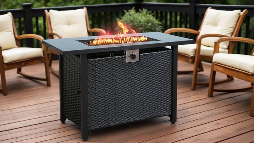 Propane Fire Pit Table,Out Door Fire Pits & Fireplaces,Gas Fire Pit with Lid and Lava Rock.Square Black Fire Pit Table on Patio Deck & Garden Backyard. (Raven‌ Black, 43-inch)