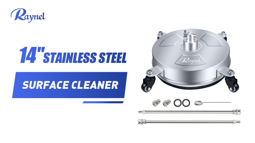 RAYNEL 14'' Pressure Washer Surface Cleaner with 4 Wheels, Stainless Steel Housing, 1/4" Quick Plug, 2 Extended Wands, 2 Replacement Nozzles
