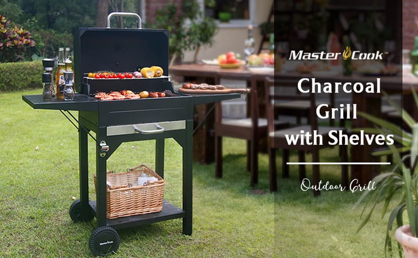 MASTER COOK Charcoal Grill with Two Side Tables, Heavy-duty Steel Barbecue BBQ Grill for Outdoor Picnic Backyard Patio and Parties, 43"*38"*17"