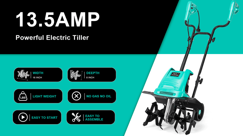 Tiller 13.5AMP Rototiller for Garden Corded Electric Tiller Garden Electric Cultivator 8Inch Depth 16Inch Width Tiller for Garden Yard
