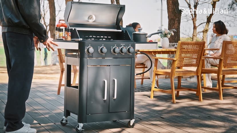 Sophia & William 4-Burner Gas BBQ Grill with Side Burner & Porcelain-Enameled Cast Iron Grates, Outdoor Cooking Propane Grills Cabinet Style Garden Barbecue Grill, 46,700BTU, Black
