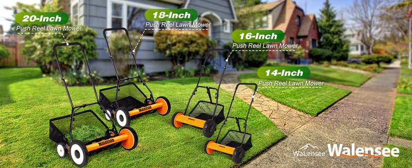 Walensee 16-Inch 5-Blade Push Reel Lawn Mower, Cordless Manual Reel Lawn Mower Walk-Behind Steel Lawn Mowers with Removable 7.9-Gallon Grass Catcher, Sponge Grip, 4-Position Cutting Height Adjustment