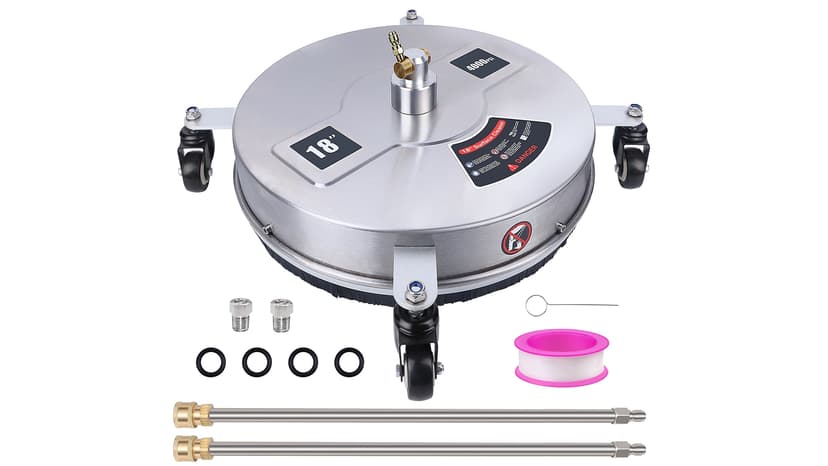 Biswing 18" Pressure Washer Surface Cleaner with 4 Wheels, Stainless Steel Power Washer Accessory for Driveways Sidewalks Patios Cleaning, 1/4" Quick Connector, 2 Extension Wand Attachments, 4000 PSI