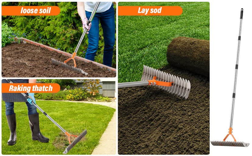 62" Adjustable Thatch Rake - 19-Tine Lawn Dethatcher with Nickel Steel Tines, Heavy Duty Ergonomic Handle for Spring Lawn Care, Soil Aeration & Yard Cleanup&Turf Renovation (Silver)