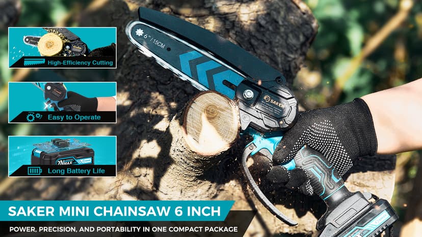 Saker Mini Chainsaw,6 Inch Portable Electric Chainsaw Cordless, Small Handheld Chain saw for Tree Branches,Courtyard, Household and Garden,By 2PCS 20V 1500mAh Batteries,Extra 3 PCS Chain
