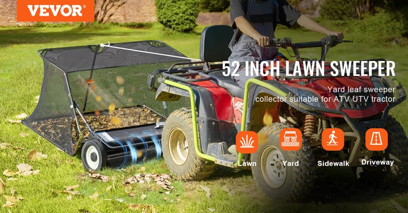 VEVOR 52 Inch Lawn Sweeper Tow Behind, 26 cu.ft. Large Pull Behind Grass Sweeper, Heavy Duty Leaf & Grass Collector with Dumping Rope Design, Adjustable Sweeping Height for Picking Up Debris & Grass