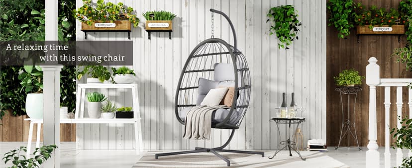 HWB Hanging Egg Chair with Stand, Patio Wicker Hammock Egg Swing Chair with Cushion for Bedroom Garden Indoor Outdoor (Grey)