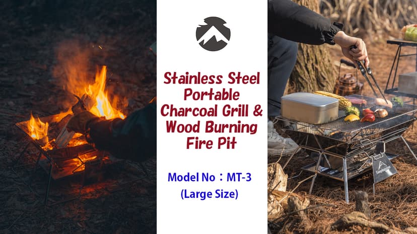 CAMPINGMOON Portable Camping Fire Pit Stainless Steel Foldable Collapsible BBQ Grill Wood Burning Charcoal 20x13-inch with Carrying Bag MT-3