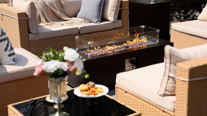 UPHA 42-inch Outdoor Propane Gas Fire Pit Table 50000 BTU Iron Rectangle FirePit for Outside Patio with Tank Hidden Table, Removable Lid, Lava Rocks, Rain Cover, Brown