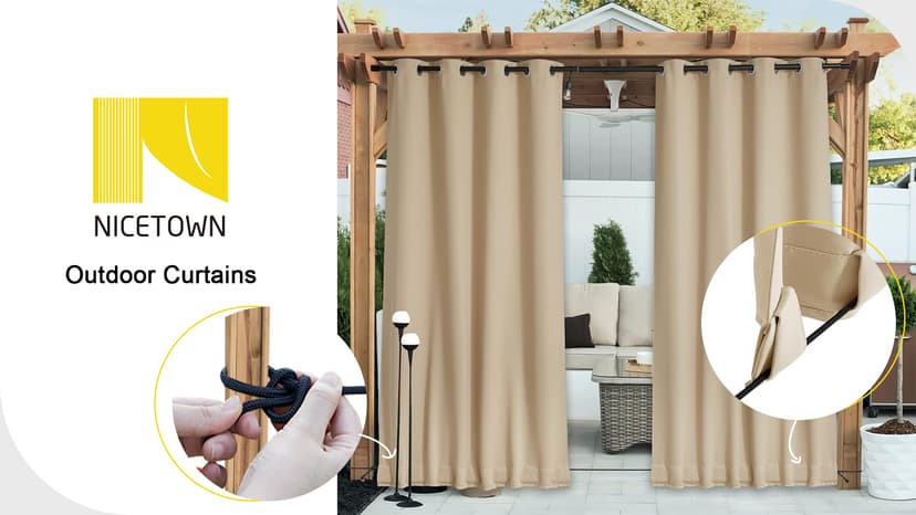 NICETOWN 2 Panels Weighted Blackout Curtains Patio Waterproof Outdoor Curtains, Thermal Insulated Top & Bottom Grommet & Back Tab Wind-Break Drapes Privacy for Pergola, W52 by L84, Tan-Khaki