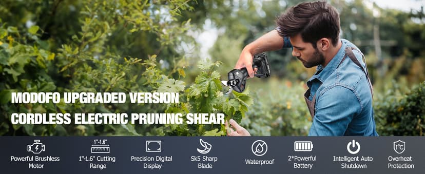 Upgraded Electric Pruning Shears, 1.6" Cutting Diameter Cordless Pruner with LCD Display, Brushless Motor, 2×2.0Ah Rechargeable Batteries & Extra Blade for Garden Trees and Branches