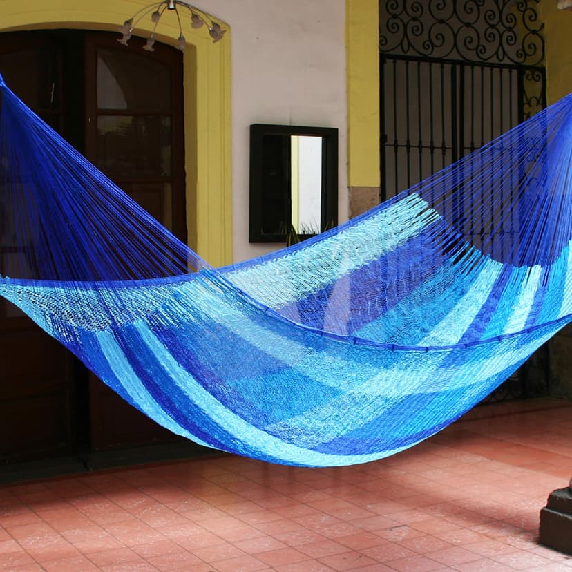 NOVICA Multicolor Sky Blue Striped Hand Woven Nylon Mayan 1 Person Rope Hammock, Blue Caribbean' (Single)