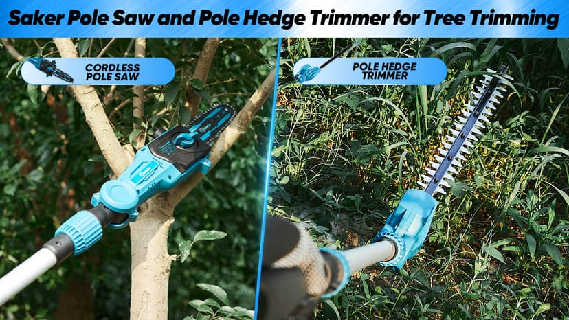 Saker Pole Saw and Pole Hedge Trimmer for Tree Trimming,66.9-98.4Inch Electric Pole Saw and Hedge Trimmer with Extension Pole,Cordless Electric Trimming Tools with Pole and 2.0Ah Battery & Charger