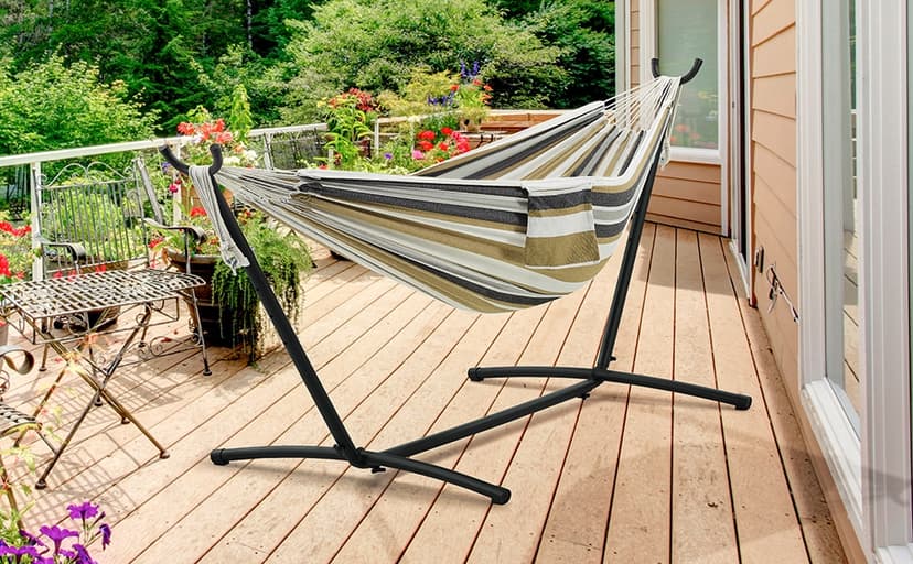 Yaheetech Double Hammock w/Stand, 2-People Hammock & Stand Set w/Storage Bag & Carrying Bag, Outdoor/Indoor Heavy-Duty Portable Hammock, 450LB Capacity - Desert Stripe