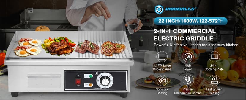IRONWALLS Electric Griddle Nonstick 22 Inch, 1600W Stainless Steel Commercial Griddle for Indoor & Outdoor, 2-IN-1 Half Flat Top Griddle Grill for Restaurant & Home, 122℉-572℉ Adjustable Temperature