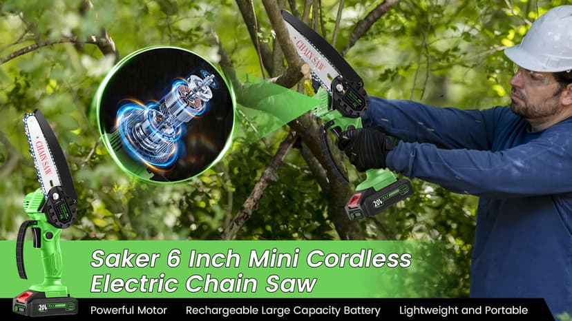 Saker Mini Chainsaw|6 Inch Chainsaw[2024 Upgraded]|Mini Cordless Electric Chain Saw|Small Handheld Portable Chainsaw Battery Powered Chain Saw for Tree Trimmer and Garden(1 Battery+2 Chains)