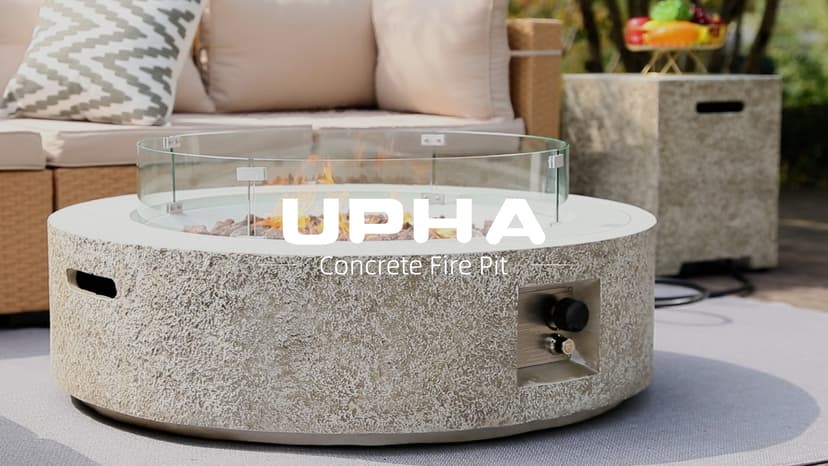 UPHA 42-inch Outdoor Propane Gas Fire Pit Table 50000 BTU Concrete Rectangle FirePit for Outside Patio with Propane Tank Cover, Wind Guad, Lava Rocks, Rain Cover, Beige Texture