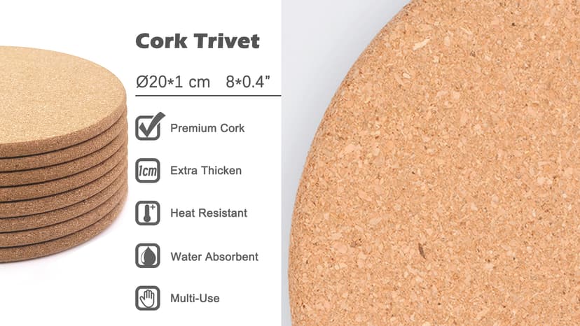 Cork Trivet, High Density Fine Particle Thick Cork Trivets for Hot Dishes, 8 Inch Heat Resistant Cork Coaster, Cork Placemats Cork Hot Pads for Hot Pots and Pans, 4 Pcs