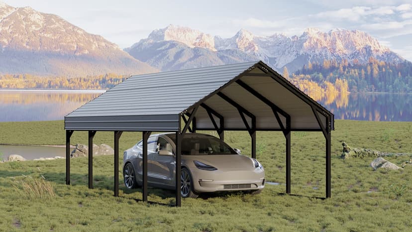 12x20 FT Metal Carport, Reinforced Frame and Steel Roof for All-Weather Use, Permanent Shelter for Bass Boats, Full-Sized Pickup Trucks, and Tractors
