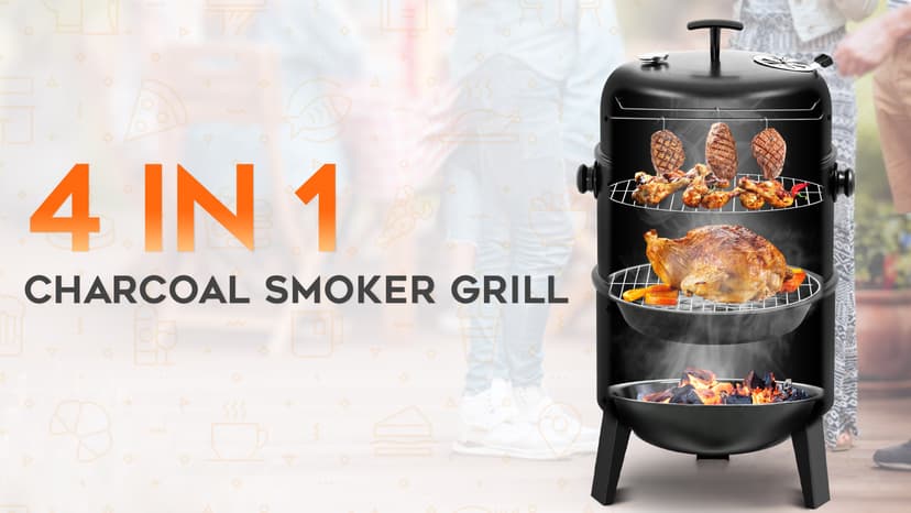 BIG HORN OUTDOORS 16 inch Charcoal Smoker, Vertical BBQ Grill, Heavy Duty 4 In 1 Fire Pit with Built-in Thermometer & Adjustable Vent System for Backyard Patio Camping