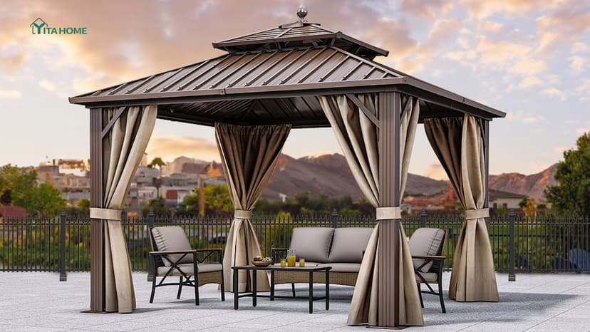 YITAHOME 10x10ft Hardtop Gazebo with Nettings and Curtains, Heavy Duty Double Roof Galvanized Steel Outdoor Combined of Horizontal Vertical Stripes Roof for Patio, Backyard, Deck, Lawn (Bronze)