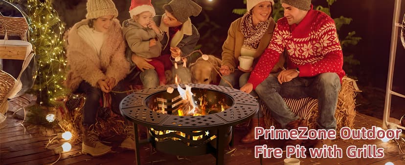 PrimeZone 42" Outdoor Fire Pit with 2 Grills - Wood Burning Firepit for Outside with Cover & Poker, Heavy Duty Metal Fire Pit Large Round Fireplace for Patio, Backyard, Picnic, Camping, Bonfire