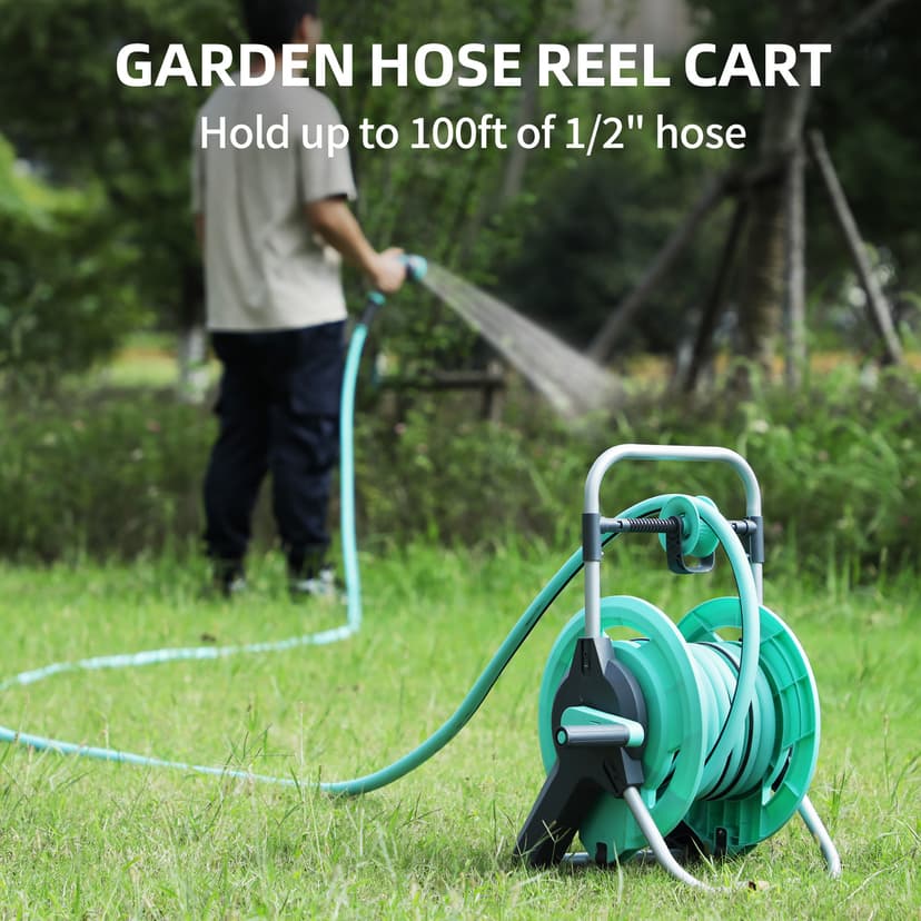 Portable Garden Hose Reel Cart, Hold Up to 50-75 Ft Hose, Wall Mounted Water Hose Reel, Mobile Garden Hose Holder Tools With Built-In Guide, for Outside Car Washing, Watering