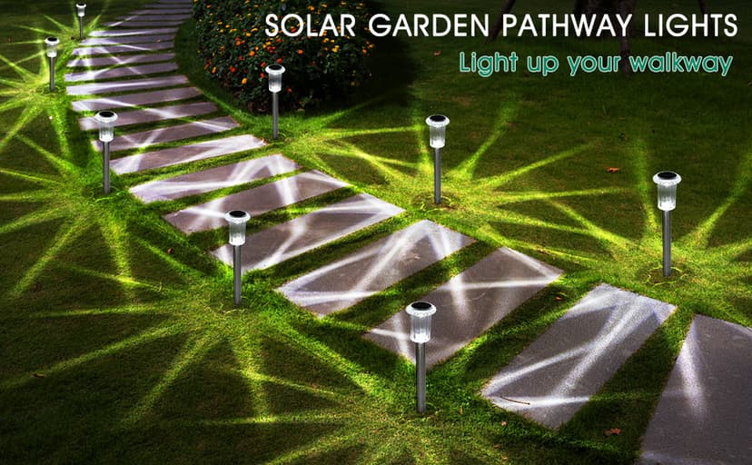 Solar Outdoor Lights, 10 Pack Waterproof Stainless Steel Solar Stake Lights for Pathway Garden Yard Path Walkway Driveway Lawn Patio Outside Decor, Cool White