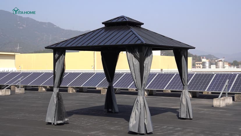 YITAHOME 10x10ft Hardtop Gazebo with Nettings and Curtains, Heavy Duty Double Roof Galvanized Steel Outdoor Combined of Vertical Stripes Roof for Patio, Backyard, Deck, Lawns, Gray