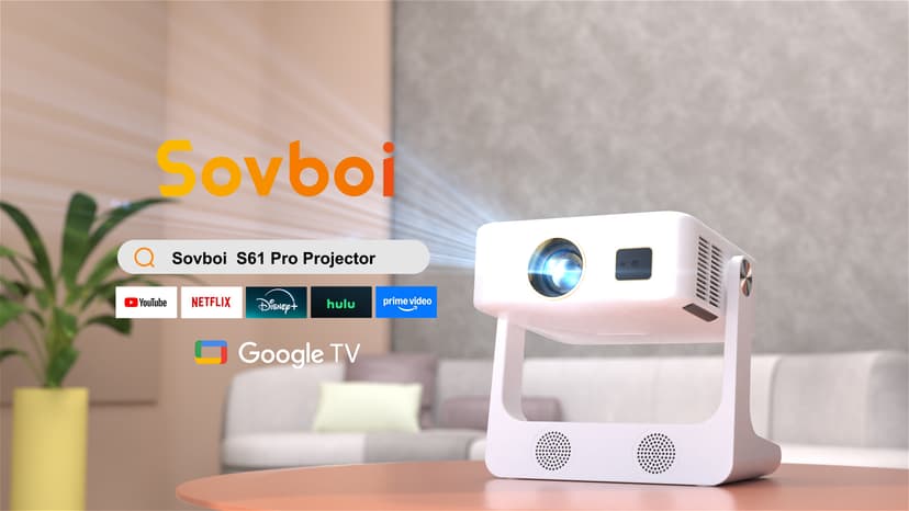 Outdoor-Projector-4K [1200 ANSI/Google TV/Voice Control] Smart Projector with WiFi 6 and Bluetooth, 10,000+ Apps, AI Focus Portable Proyector with Netflix, Sovbio 1080P Audio Movie Home [180° Stand]