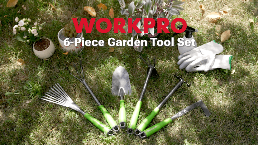 WORKPRO 6-Piece Garden Tool Set, Heavy Duty Gardening Hand Tools with Soft Rubber Handle, Including Trowel, Rakes, 2-in-1 Hoe and Crack Weeder, Ideal Gardening Gifts for Men and Women