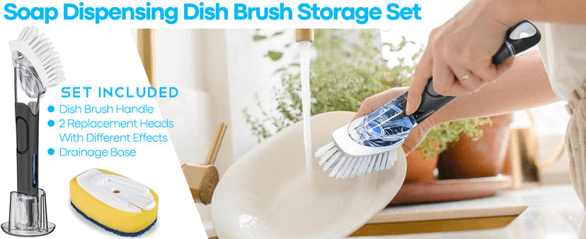 AJXX Dish Brush with Soap Dispenser Storage Set, Dish Soap Brush with 2 PCS Brush Heads & Holder, Soap Dispenser Brush with Handle, Dish Brush with Soap Dispenser, for Utensils, Pans, Sinks, Cookware