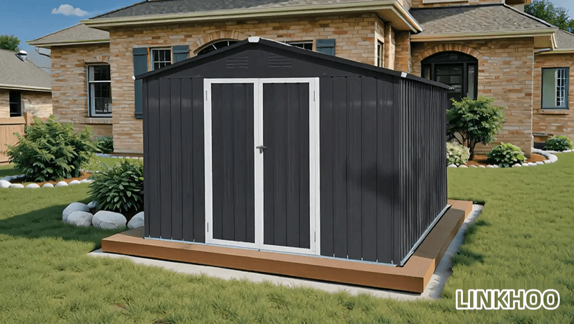 8' x 6' Outdoor Storage Shed with Base Kit, Sturdy Metal Building w/Lockable Doors for Garden, Backyard, Poolside and Lawn, Black