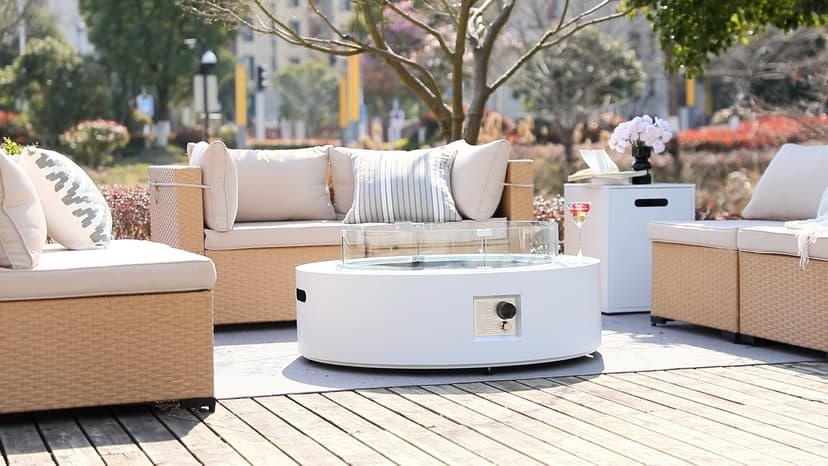 UPHA 56 inch Outdoor Gas Rectangle Fire Pit Table 50000 BTU Propane Iron Firepit for Outside Patio with Tank Cover, Removable Lid, Gold Reflective Glass, Lava Rocks, Rain Cover, White