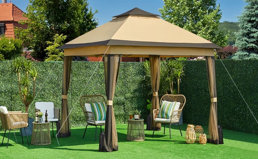 Yaheetech 11x11 Pop Up Gazebo Outdoor Canopy Shelter, Instant Patio Gazebo Sun Shade Canopy Tent with 4 Sandbags, Double Tiers & Mesh Netting for Lawn, Garden, Backyard & Deck, Khaki