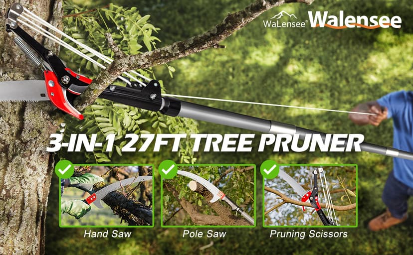 Walensee Pole Saws for Tree Trimming,7.2-27FT Extendable Tree Pruner,Manual Branch Timmer with Blade and Scissors High Branches Pruning Fiberglass Pole Pruner and Cutter Garden Tool with Storage Bag