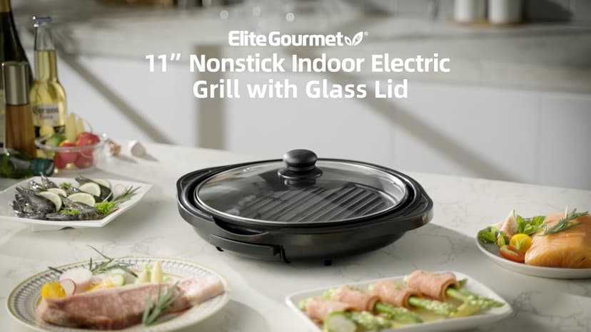 Elite Gourmet EMG1100 11" Electric Indoor Nonstick Grill Dishwasher Safe, Cool Touch, Fast Heat Up Ideal Low-Fat Meals, Includes Tempered Glass Lid, Black