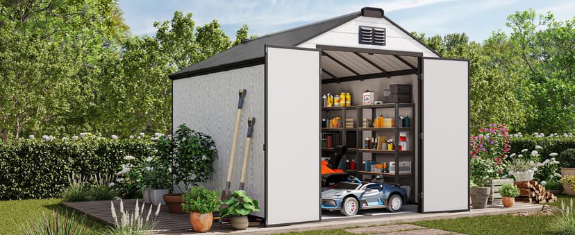8 x 10 FT Resin Outdoor Storage Shed, All-Weather Plastic Garden Shed with Floor, Lockable Doors & Windows