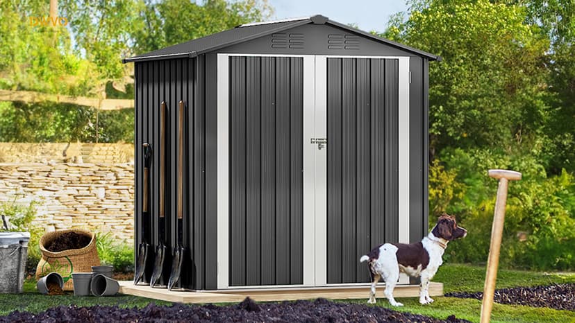 DWVO 6x4ft Storage Shed for Outdoors, Metal Sturdy Weatherproof Tool Locker with Secure Door and Ventilation for Equipment, Mowers, Bikes, Outdoor Spaces, Dark Gray