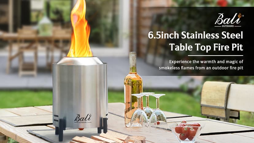 BALI OUTDOORS 6.5 inch Tabletop Fire Pit Round, Stainless Steel Table Top Firepit Small, Outdoor Smokeless Firepit Portable