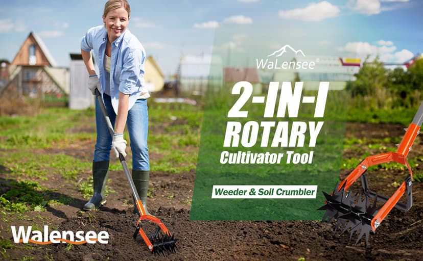 Walensee Rotary Cultivator Tool, Adjustable Garden Hand Tiller with Stainless Steel Pole, 2-in-1 Garden Weeder and Crumbler Soil Cultivator Tool with Weeding Knife for Soil Mixing or Reseeding Grass