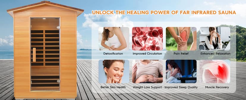 Outdoor Sauna 2 Person Far Infrared Saunas Dry Home Sauna Room Hemlock 1 to 2 Person Wood Sauna 1950W/110V Low EMF with Bluetooth Speaker, Reading Light, Cup Holder and Towel Rack - 47*39*82 IN
