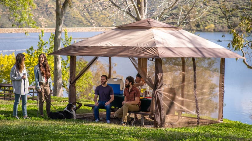 CROWN SHADES 11x11 Pop Up Gazebo, Patented One Push Outoor Canopy Tent with Wheeled STO-N-Go Cover Bag, Pop Up Canopy with Netting for Patio, Backyard (11x11, Beige & Coffee)