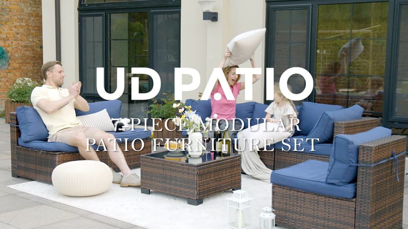 UDPATIO Patio Furniture Set with Fire Pit Table, 8 Piece Outdoor Sectional Modular Sofa, Wicker Outdoor Furniture Conversation Sets with Waterproof Cover for Backyard Deck (Brown/Navy Bule)