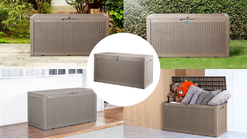 VEVOR Deck Box, 100 Gallon Outdoor Storage Box, 48.0" x 21.5" x 24.5", Waterproof PP Deckbox with Aluminum Alloy Padlock, for Patio Furniture, Garden Tools, Outdoor Cushions, Gray
