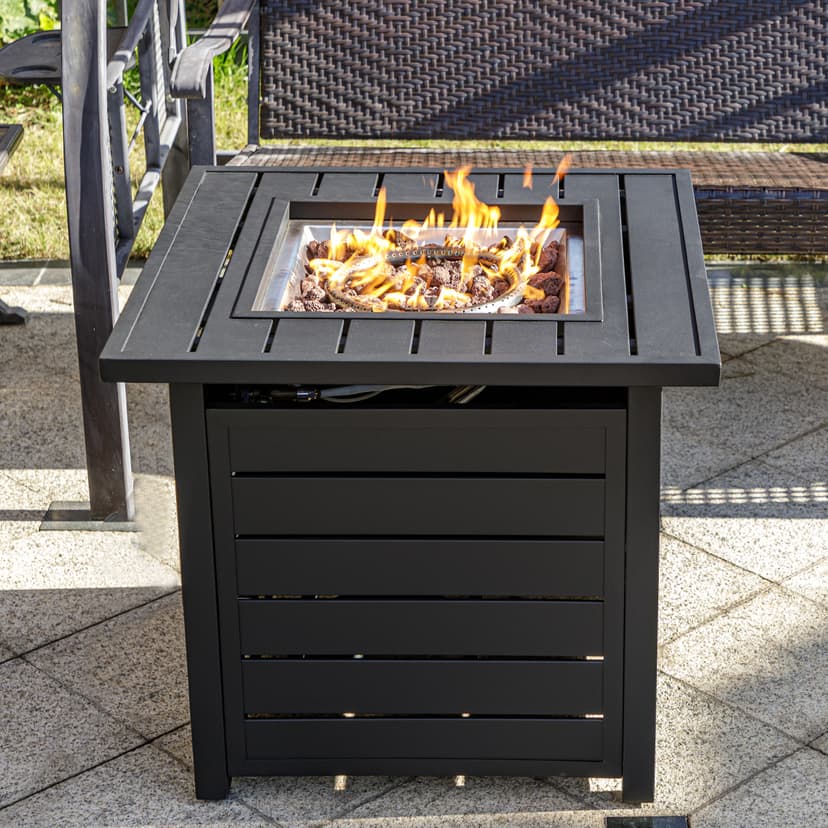 28 inch Propane Fire Pit Table, Outdoor Gas Fire Pits with Lid & Lava Rock, 50000 BTU Firepit for Dinning, Party in Outside, Patio, Garden or Yard (Black)