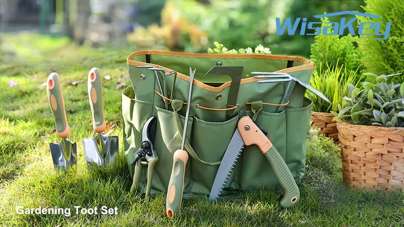 Garden Tool Set, WisaKey 9 Piece Stainless Steel Heavy Duty Green Gardening Tools with Non-Slip Ergonomic Handle, Durable Garden Tool Bag, Ideal Gardening Hand Tools, Gardening Gifts for Women and Men
